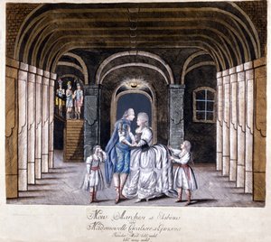 1785年にウィーンで上演されたジュゼッペ・サルティ（1729-1802）のオペラ「ジュリオ・サビーノ」を表現したもの。舞台上のカテリーナ（カタリーナ）・カヴァリエーリと去勢されたルイジ・マルケージ。ミラノ 作： Unknown artist