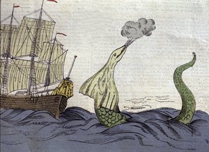 ノルウェーの宣教師ハンス・エゲデ（1686-1758）がグリーンランドに行った際に見たウミヘビを表現したもの。18世紀のエングレーヴィング 作： Unknown artist