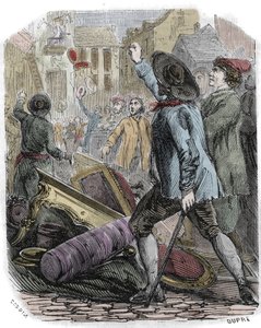 レヴィヨンの暴動は1789年4月26日から29日の間に発生した - フランス革命。レヴィヨン事件 - "Pillage de la fabrication de papints Jean Baptiste de Reveillon le 28 avril 1789" パリのエミューテがフォーブール・サン・アントワーヌ通りにあった工場を略奪した。 作： Unknown artist