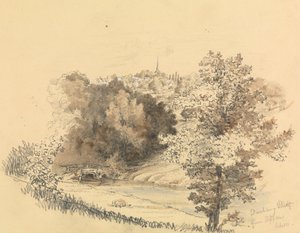 遠くに町がある川の風景 作： Unknown artist