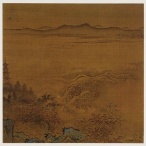 川の風景: パゴダ、泡立つ急流、遠くの丘 作： Unknown artist