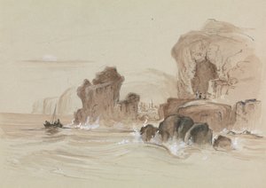 小さな漁船のある岩の多い海岸線 作： Unknown artist