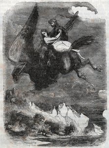 ロジャー（ルッジェーロ、ルッジェーロ）とアンジェリーク（アンジェリカ）のヒポクロウ-1851年の版画（アリオストことルドヴィコ・アリオストの「Roland furieux」（Orlando furioso）（16世紀）より）-トレサン伯爵がイタリア語から翻訳して出版した版。 作： Unknown artist