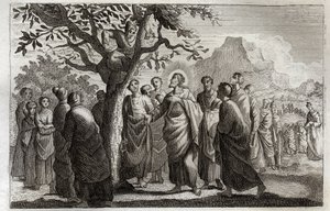 ローヤルモン聖書、新約聖書。ザッヘの改心。イエス・キリストは、スズカケノキの上に腰掛けたザッヘと話している。1811年のイラスト。