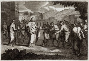 ローヤルモン聖書、新約聖書。十人のレパ-。イエス・キリストが10人のハンセン病患者を治療している様子。1811年のイラスト。 作： Unknown artist