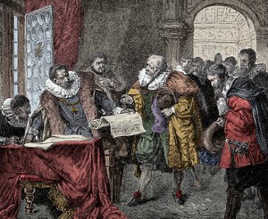 ルドルフ2世が陛下の手紙を交付 - オーストリア皇帝ロドルフ2世（1552-1612）が1609年に陛下の手紙を交付（ボヘミアン王国に信教の自由を与える 作： Unknown artist