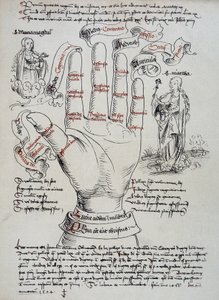聖女ブリジットは、その幻視能力により、手の線を読み取って人の死亡日を知るために呼び出されます。聖マグダラのマリアとマルタは、手の両側に現れます。 作： Unknown artist