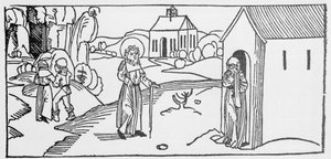 聖人パストール。VoragineのJacobus（James）（1228-1298）による「Leben der Heiligen - sommerteil」（聖人の書）からのエングレーヴィング。Lubeck 1488年。 作： Unknown artist