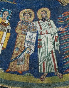 聖プラセデ（プラセデ）と聖パウロ詳細。830年頃の匿名のモザイク画。ローマ、サンタ・プラッセーデ大聖堂の凱旋門 作： Unknown artist