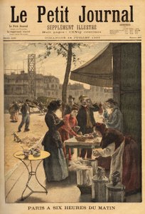 朝6時、パリの労働者たちの野外での朝食のために、コシェールの扉の下で行われたスープとミルクコーヒーのセールスウーマン。1895年7月14日、「Le petit journal」誌に掲載された版画。セルバのコレクション。 作： Unknown artist