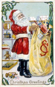 プレゼントを用意するサンタクロース - クリスマスカード19世紀後半のアメリカのグリーティングカードです。 作： Unknown artist