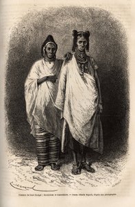 伝統的な衣装を身にまとったサラコル人とカッソンケス人の女性（アッパーセネガルの人々1868年にフルリオット・ド・ラングル副提督が行ったアフリカ沿岸のクルーズを説明するためのエングレーヴィングで、1872年にエドゥアール・シャルトンが編集した「Le tour du monde」に掲載されている。