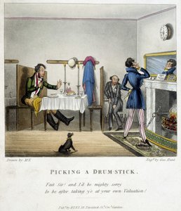 イギリスのレストランにいる3人の男性を描いたシーン。酔っ払った一人（座っている男）が、鏡の中の自分を見ている男に、自分の分のチキンを盗んだことを皮肉って謝っている。19世紀末のM.E.によるイラスト。
