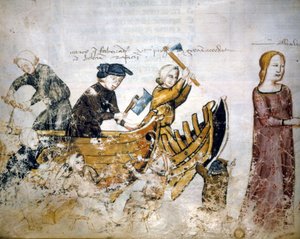 13世紀の造船の様子。 作： Unknown artist