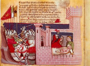 778年のロンセスヴォーの戦いのシーン。シャルルマーニュ軍とサラセン人との戦いで、騎士ローランが殺された。右側にいるのが代表者。写本「エスパーニュの入り口」（Ms.Franc.21）のミニチュア 14世紀 ヴェネツィア、ビ 作： Unknown artist