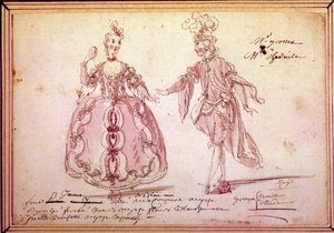 風景画：Jean Philippe (Jean-Philippe) Rameau (1683-1764) 1764年の牧歌「Nais」の衣装のデッサン。水彩画。 作： Unknown artist