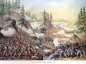 Secession War (1861 - 1865) or American Civil Giuerre: 24-25 11/1863: 24-25 11/1863: after two days of battle at Chattanooga, Tennessee, winning the Northern Army commanded by General Rosecrans.エングレーヴィング。 作： Unknown artist