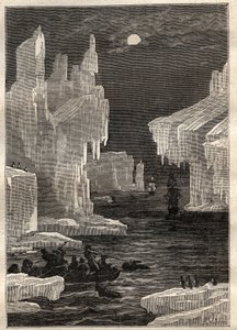 キャプテン・ジェームズ・クック（1728-1779）の第2回目の航海（1772-1775）：氷の島々（氷山）、割礼岬（ブーベ島、南極）の道を渡る - 図版は "The Great Mariners of the 18th century "から引用しています。 作： Unknown artist