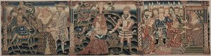 刺繍されたフリーズのセクション: レベッカがアイザックに会う、アビゲイルがデビッドに贈り物を持って会う、ソロモンの裁き