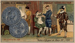 ショコラ・ゲラン・プトロン社のHistoire de la Monnaie Françaiseシリーズ。クロモリトグラフ 19世紀ヘンリー3世の銀製テストン1574 作： Unknown artist
