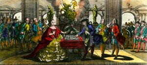 七年戦争：オーストリアのマリー・テレーズ（1717-1780）とプロイセンのフレデリック（1712-1786）がチェスをしている様子を表した寓意画。18世紀のエングレーヴィング 個人蔵 作： Unknown artist