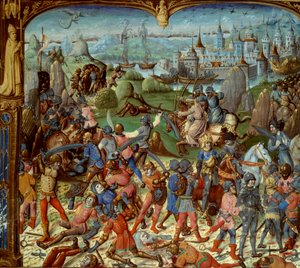 第7回十字軍（1248-1254）。フランス王ルイ9世（サンルイ）（1215-1270）は、1250年にマンスーラでサラセン人に敗れた後、十字架を持って。ダマスカスの塔の後ろに撤退した。ルイ9世とその2人の兄弟は、捕虜となって 作： Unknown artist
