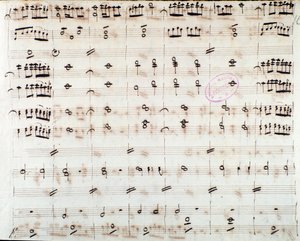 モーツァルトのオペラ「ポントの王ミトリデート」の冒頭の第一ヴァイオリンの楽譜ページ（1770年 作： Unknown artist