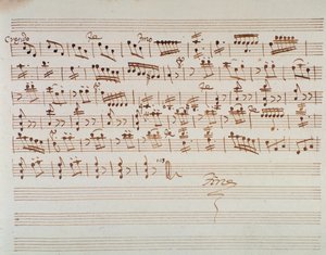 モーツァルトのオペラ「ポントの王ミトリデート」の冒頭の第一ヴァイオリンの楽譜ページ（1770年 作： Unknown artist