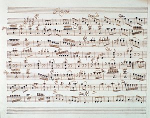 モーツァルトのオペラ「ポントの王ミトリデート」の冒頭の第一ヴァイオリンの楽譜ページ（1770年