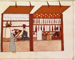 コンスタンティノープルの街角にあるお店。17世紀（1671年）の原画の後、19世紀（1828年）のチコーニャの手稿から採られたミニチュア。ヴェネツィア、ビブリオテカ・マルシアーナ 作： Unknown artist