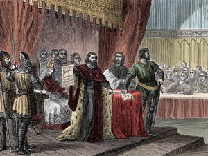 1215年6月15日、ジョン・サン・テール王（1167-1216）によるラニーメードへの「大憲章」（「マグナ・カルタ」）の署名" 作： Unknown artist
