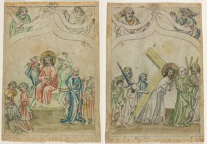 「Biblia Pauperum」の一葉: いばらの冠をかぶったキリスト (右) 十字架を背負ったキリスト (裏) 作： Unknown artist