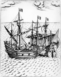 フランシス・ドレイク卿の "ゴールデン・ハインド"（1540-1596）は、1579年にエクアドル沖でスペイン船 "ヌエストラ・セニョーラ・デ・コンセプション"（通称 "カカフエゴ"）を捕獲した。16世紀のエングレービング。 作： Unknown artist