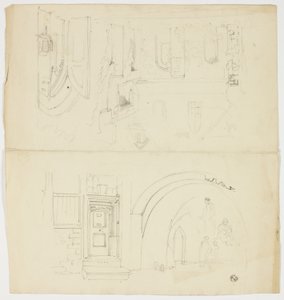 出入り口、人物、教会の通用口のある建物のスケッチ（レクト）；尖塔のスケッチ（裏面）