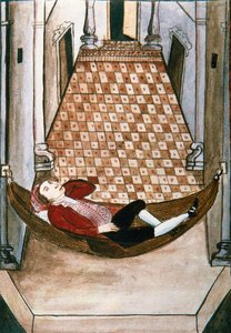 トルヒーヨ司教バルタサル・マルティネス・コンパニオン・イ・ブジャンダ（1782年～1785年）の著書「トルヒーヨ・デル・ペルー」（Códice Martínez Compañón）から、裕福な宮殿のハンモックで眠るスペイン人 作： Unknown artist