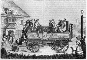1827年にガーニー（Gurney Goldsworthy）がロンドンで実験した蒸気自動車。