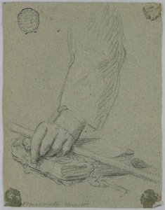 研究: 棒を持ち、本の上で休む若い男性の左手 作： Unknown artist