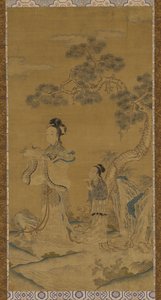 タペストリー: 道教の女性不滅と松の下の付き添い 作： Unknown artist