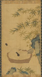 タペストリー：ボウルで水浴びをするハト。 岩と竹 作： Unknown artist