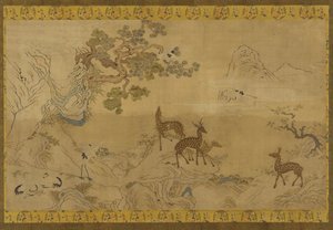 タペストリー：鹿、コウノトリ、松、桃の木のある風景 作： Unknown artist