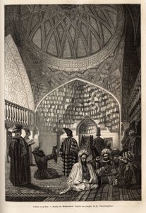 シュシャのモスクで祈りを捧げるタタール人（ロシア、トランスコーカサス）。1864-1865年にバジル・ヴェレスチャギーヌが行ったコーカサス地方での航海を説明するためのエングレーヴィング。
