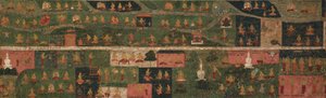 巡礼地とスヴァヤンブー プラナ (原始仏陀の古文書) の場面を描いた寺院のバナー 作： Unknown artist