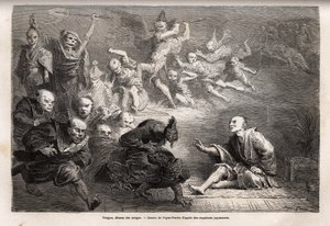 天狗（夢魔）は、日本の民間伝承のマイナーな神であり、zoomorphはカラスの形をしており、魔法の力を備えており、日本の芸術、演劇、文学の人気のある主題である。1863年から1864年にかけての日本への航海を説明するためのエングレーヴィング。