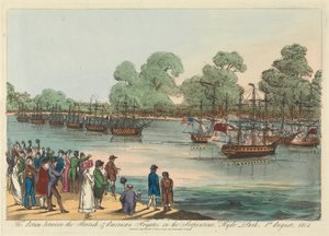 1814 年 8 月 1 日、ハイドパークのサーペンタイン号でのイギリスとアメリカのフリゲート艦の交戦 作： Unknown artist