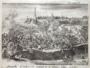 1567年3月13日に行われたオースターウェルの戦い（オランダ、ネザーランド）、80（エイティ）年戦争（1567-1648）の最初の対決。フラミアヌス・ストラーダ著『フランドル戦争史』を説明するための版画、ジョセフ・テルステヴェンス版 作： Unknown artist