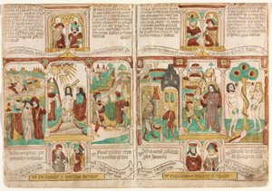 貧しい人々の聖書 (Biblia Pauperum), 紅海で溺死したファラオの軍隊; キリストのバプテスマ; カナンからブドウを持って戻ってくるモーセのスパイ エサウ ヤコブに長子の権利を売り渡す。 キリストの誘惑; そしてアダムとイブの誘惑 作： Unknown artist