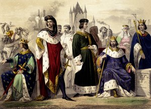 1270年から1322年までのカペティア家。フィリップ3世ザ・ハルディ、フィリップ4世ザ・ベル、ルイ10世ザ・ヒューティン、フィリップ5世ザ・ロン、シャルル4世ザ・ベル19世紀のエングレーヴィング。