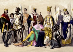 1328年から1422年までのヴァロワ家のカペティアンたち。フィリップ6世、ジョン2世、シャルル6世、バイエルンのイザボー（イザベラ、エリザベス）、ジャンヌ・ダルク、シャルル7世。19世紀のエングレーヴィング。