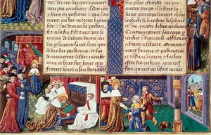 国王ルイ9世（1214-1270）（サン・ルイ）のキリスト教的美徳（信心深さや献身など）：左では国王が十字架を抱き、右では老山を受けている。写本「事実の書 モンシニョール・サン・ルイ」15tのミニチュア 作： Unknown artist