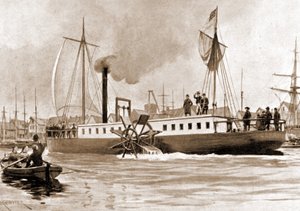 ロバート・フルトン（1765〜1815）が1807年にハドソン川のニューヨーク-アルバニー間を結ぶために建造した船、クラーモント号（Clermont）。19世紀のエングレーヴィング。 作： Unknown artist